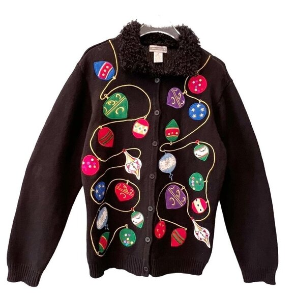 Investments Womens S Ugly Christmas Sweater Cardigan‎ Embroidered Sequins - Picture 1 of 5